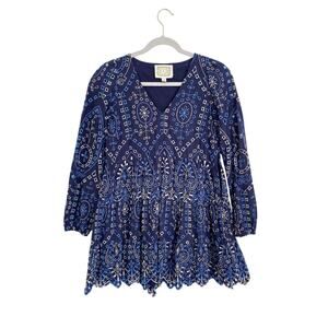 Sail to Sable Tuckernuck Navy Blue Eyelet Embroidered Mini Dress Long Sleeve XS